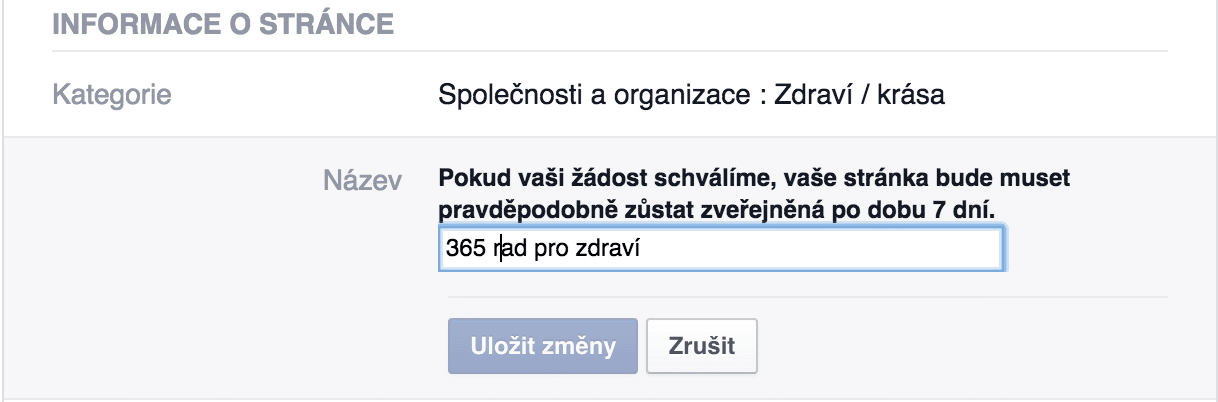 Změna názvu facebook stránky