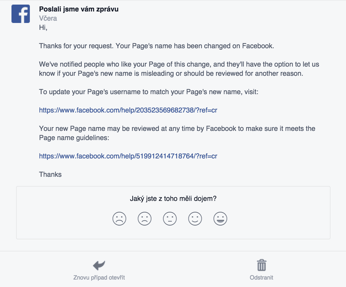 facebook stránka - žádost změny názvu stránky