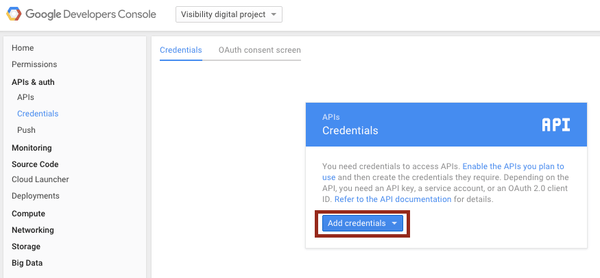 google console developers API add credentials